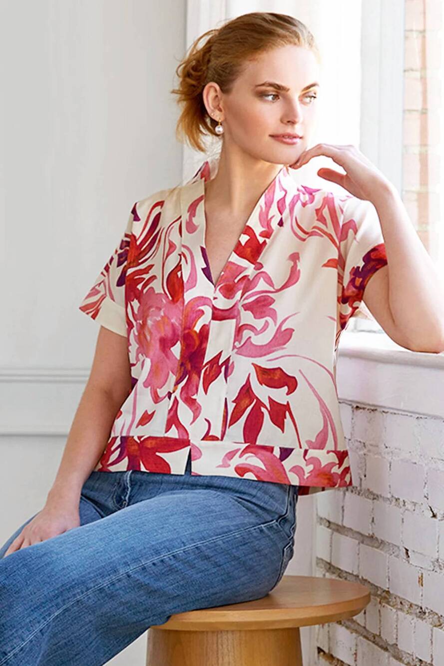 NEW FINLEY kyoto floral suki popover top in natural/pink